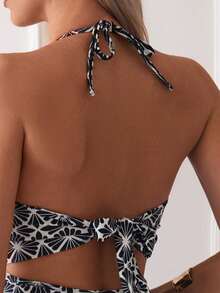 SHEIN Swim Áo tắm liền thân không tay, kiểu xoắn phía trước, in họa tiết toàn thân, thời trang mùa hè. - màu đen - Xem 4