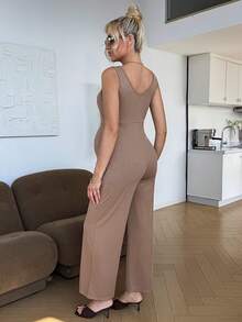 SHEIN Maternity Solid Color Square Neck Ribbed Casual Nursing Jumpsuit - Brown - View 2