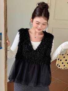 Dazy Plus Plus Size Women Casual Solid V-Neck Patchwork Faux Fur Collar Sleeveless Camisole Tank Top - Black - View 8