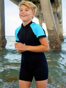 SHEIN Tween Boy Colorblock Zipper Half-Zip Short Sleeve One-Piece Swimsuit, Summer Vacation - Blue - View 1