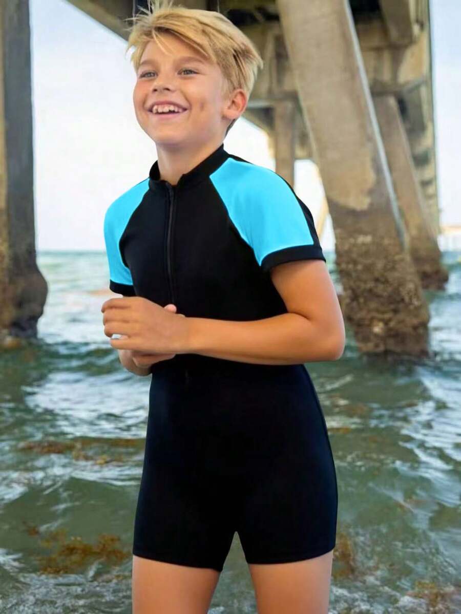 SHEIN Tween Boy Colorblock Zipper Half-Zip Short Sleeve One-Piece Swimsuit, Summer Vacation - Blue - View 1