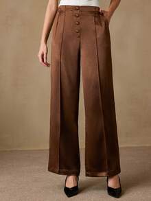 Aveloria Rosie 欧美简约百搭通勤高品质优雅缎面宽松喇叭裤 - 棕色 - 查看 5
