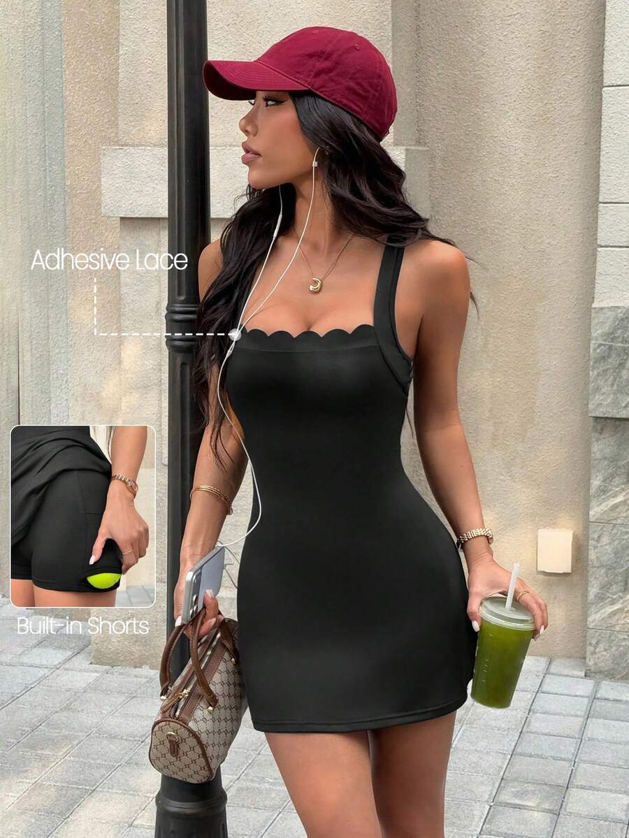 Dewbera Dewbera فستان رياضي للسيدات من ديوبيرا - بتصميم فستان التنس، أشرطة متقاطعة، تصميم رياضي بسيط، شورت داخلي مع جيوب، تطريز دانتيل بتقنية الليزر - مناسب للتنس/الجولف/الريشة/اللياقة البدنية/الرقص - الأسود - مشاهدة 1
