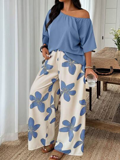 Weeklong Plus Size Summer Elegant Solid Color Asymmetrical Shoulder Top And Floral Print Pants 2-Piece Set