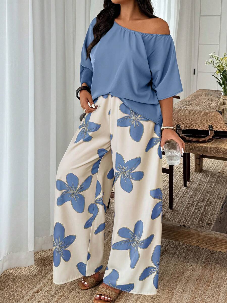 Weeklong Plus Size Summer Elegant Solid Color Asymmetrical Shoulder Top And Floral Print Pants 2-Piece Set - Multicolor - View 1