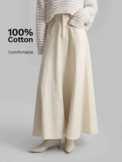 Ontre 2026春夏新款女式杏色极简A字中长裙，休闲日常穿着，复古极简风格，都市通勤，优雅极简连衣裙