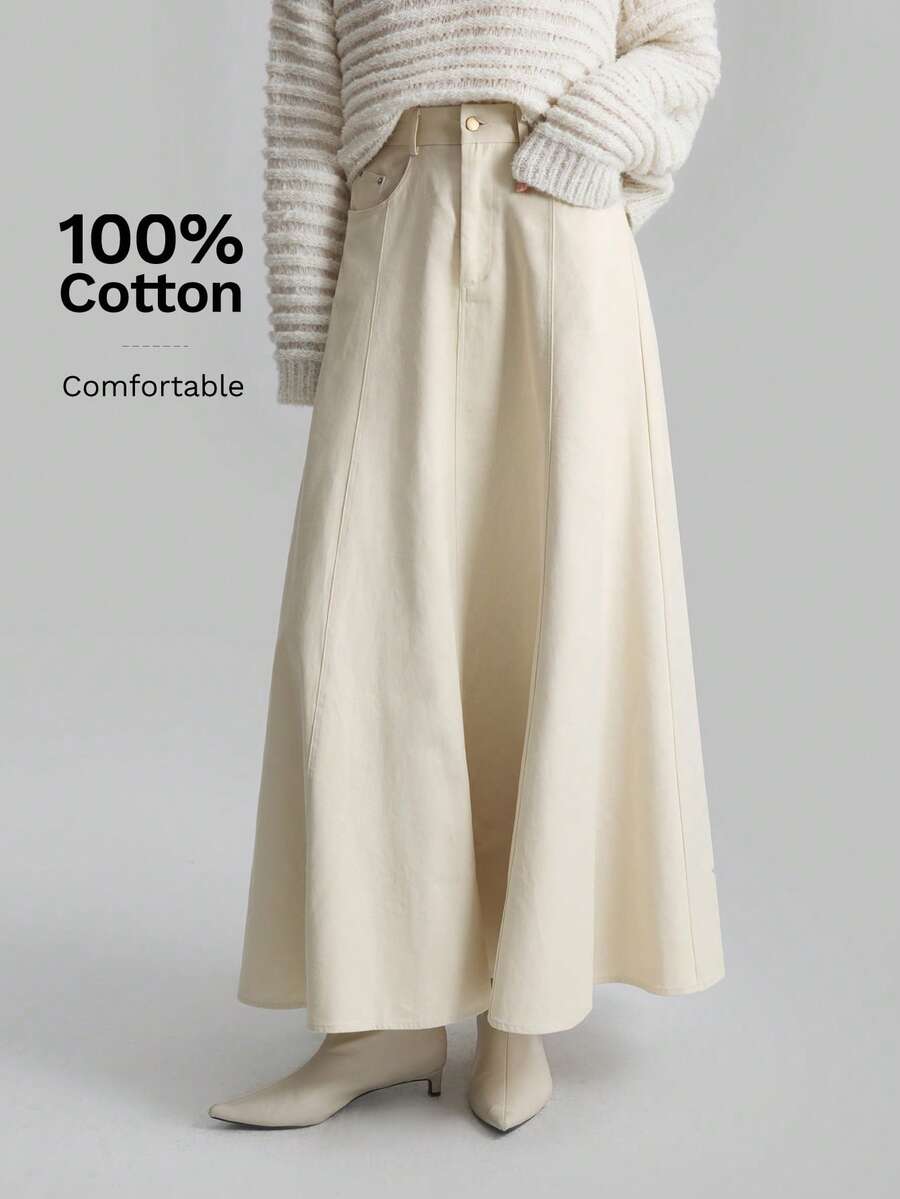 Ontre 2026春夏女装杏色极简A字中长裙，休闲日常穿着，复古极简风格，都市通勤，优雅简约 - 杏色 - 查看 1