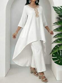 SHEIN Lady Women's Contrast Color Round Neck Top And Pants 2 Pieces Set - White - View 4