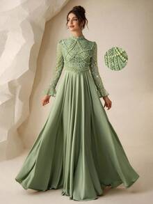 Coutiva Đầm xòe chữ A thanh lịch mùa thu đông, chất liệu satin đính sequin, cổ cao, tay dài, điểm xuyết ngọc trai và đá quý, thích hợp làm đầm dự tiệc cưới, tiệc sinh nhật, lễ tốt nghiệp, lễ hội âm nhạc, đầm dự tiệc. - màu xanh lá - Xem 2
