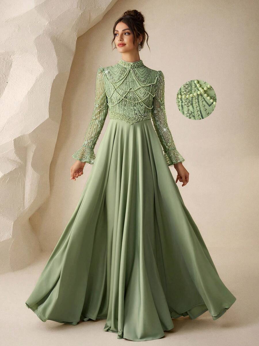 Coutiva Đầm xòe chữ A thanh lịch mùa thu đông, chất liệu satin đính sequin, cổ cao, tay dài, điểm xuyết ngọc trai và đá quý, thích hợp làm đầm dự tiệc cưới, tiệc sinh nhật, lễ tốt nghiệp, lễ hội âm nhạc, đầm dự tiệc.