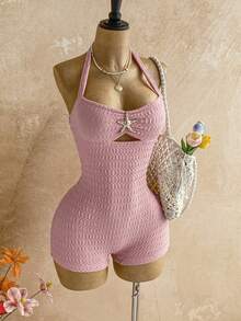 Soleia Bộ đồ liền thân họa tiết màu trơn thắt nơ cổ yếm dành cho nữ, tiệc bãi biển - Hồng - Xem 5