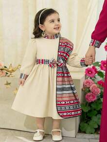 SHEIN Baby Girl Print Puff Sleeve Dress With Shawl Collar, Elegant Casual Vacation Dress For Spring/Autumn - Beige - View 9