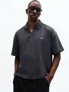 SUMWON Relaxed Herringbone Collared Short Sleeve Casual Polo Shirt For Weekend Wear Spring Summer Plain - Black - View 1