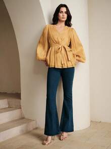 Anewsta 优雅雪纺亮面系腰灯笼袖女式衬衫 - 黃色 - 查看 6