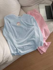 DAZY 2pcs/Set Women Cute Bear Pattern Loose Long Sleeve T-Shirt & Plaid Straight Long Pants Pajama Set, Spring - Blue - View 3