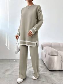 EURMUSE Women'S Round Neck Long Sleeve Sweater And Pants Set - Beige - View 5