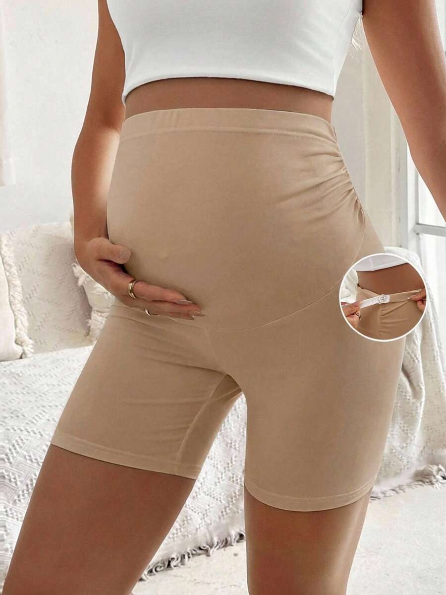 SHEIN Maternity Solid Color Ruched Tight Fitting Shorts, Fashionable For Spring/Summer - Khaki - View 1