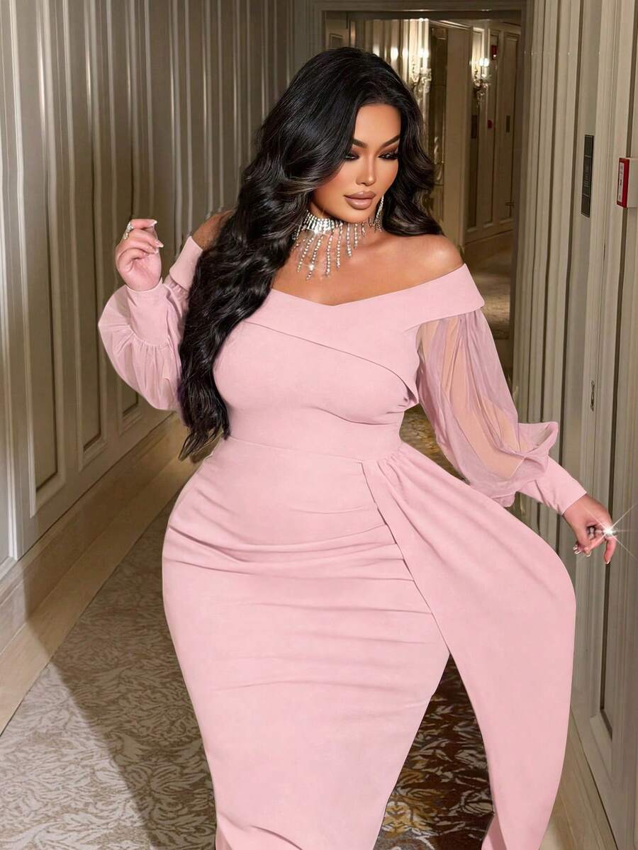 Flirla Vestido de fiesta de talla grande con parches de malla y hombros descubiertos - Rosa - Ver 1