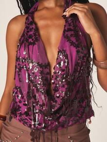 MISSGUIDED Sequin Detail Mesh Low Plunge Halter Top With Drape Design And Tie Back Closure - Purple - View 4