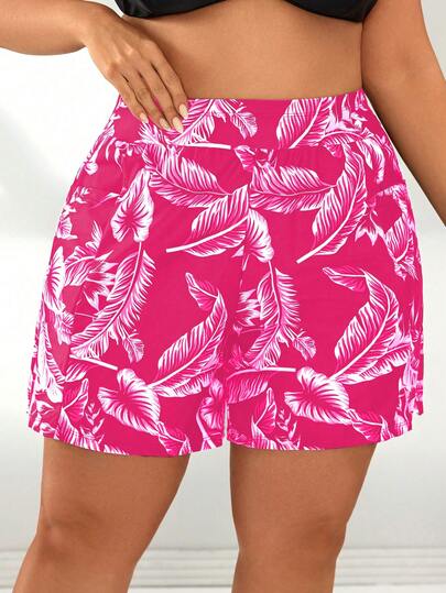 Swim SPRTY Plus Size Women Random Print High Waist Loose Boxer Shorts, Beach Vacation Swimwear Bottom