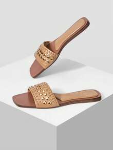 MOTF PREMIUM WOMEN'S FASHION STREET STYLE RIVET SQUARE TOE FLAT SANDALS SPRING SHOES SUMMER SHOES - Khaki - View 8