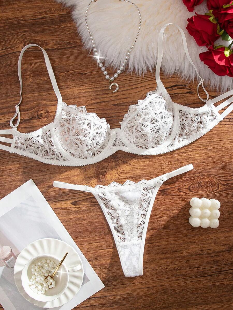SHEIN 2件套女士纯色撞色蕾丝透视钢圈文胸和丁字裤内衣套装 - 白色 - 查看 1