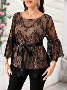 Miaspire Plus Size Women Elegant Black Lace Bell Sleeve Top Fall Women Clothes Christmas Christmas Women's Clothing - Khaki - View 5