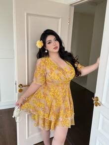 Vibekara 大码女式休闲度假珍珠雪纺黄色印花短袖夏季连衣裙 - 淡黃色 - 查看 6