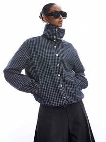 LYSMO Áo sơ mi dài tay in họa tiết kẻ caro dành cho nữ - Màu xanh hải quân - Xem 5