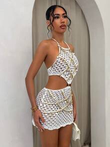 Glamine 优雅白色镂空针织连衣裙，饰有贝壳元素、闪亮亮片和腰部镂空设计，露背款式，性感浪漫，适合度假、约会、派对等场合。 - 白色 - 查看 5