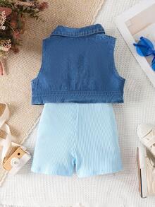 SHEIN Elladie kids 2件套女童纯色无袖上衣和连体裤 - 淺藍色 - 查看 2