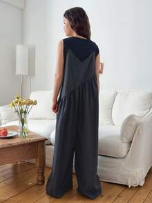 DAZY 2pcs/Set Tween Girls Crew Neck Sleeveless T-Shirt And Jumpsuit Outfit, Fall - Multicolor - View 2