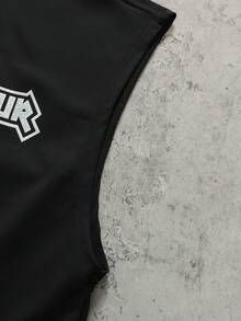 ROMWE MEN 男士街头风字母图案铆钉细节背心，夏季时尚 - 黑色 - 查看 4