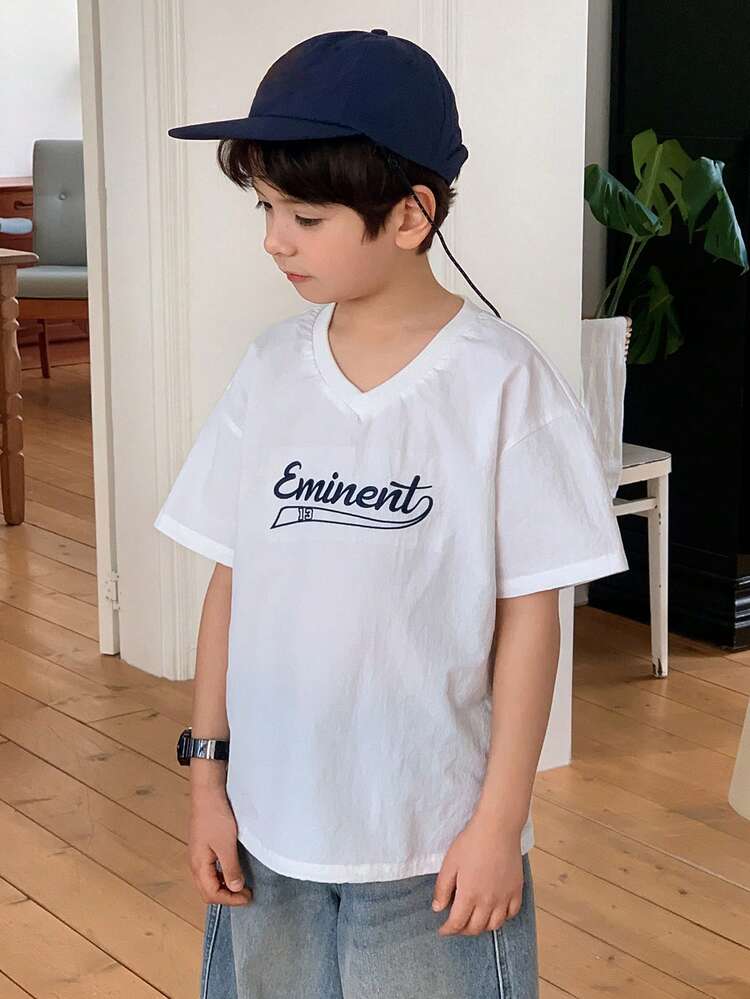 Young Boy V-Neck Letter Print Casual Short Sleeve T-Shirt Summer