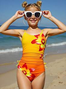 Traje de baño de una pieza con estampado floral degradado para niña preadolescente - Amarillo - Ver 1