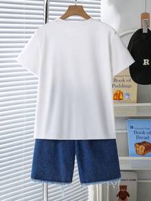 Mirajuku Tween Boys' Street Fashion Black Letter Print Loose Fit White Short Sleeve T-Shirt Paired With Vintage Light Blue Distressed Loose Fit Straight Leg Denim Shorts, Soft & Comfortable Fabric, Casual Daily Wear Set - White - View 2
