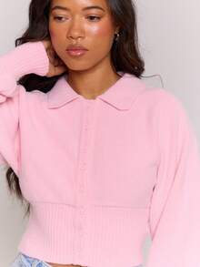 MUSERA Knit Button Down Collar Detail Cardigan Co-Ord Top Only Streetwear Coolgirl Winter Sexy Casual Odd Drift - Pink - View 2