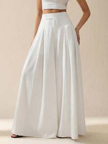 SHEIN Tall 女士休闲纯色褶裥修身阔腿裤 - 白色 - 查看 4