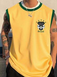 Aesthetic Post 男士撞色滚边字母印花休闲舒适背心，夏季 - 黃色 - 查看 1