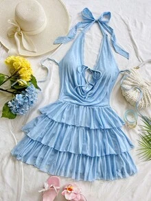 Soleia Women's Light Blue Summer 70's Party Disco Vacation Holiday Lace Patchwork Mesh Sequin Ruffle Hem Draped Neck Mini Dress, Boho Birthday Outfit - Baby Blue - View 9