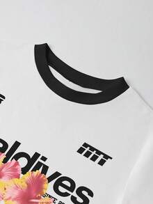 SHEIN 女士夏季字母花卉印花修身短袖T恤 - 彩色 - 查看 5