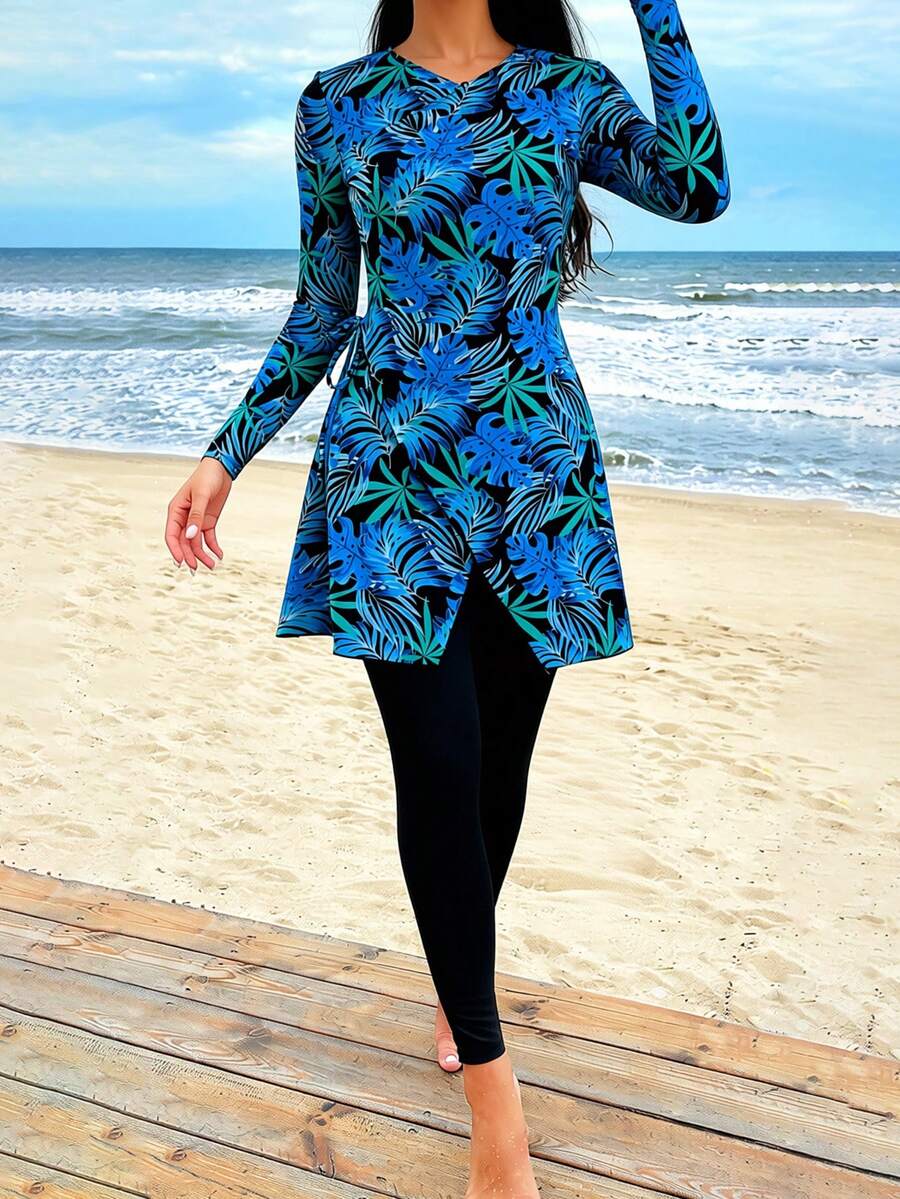 Swim Mulvari 女士热带印花不对称下摆长袖布基尼上衣和下装套装，海滩度假，春夏 - 藍色 - 查看 1