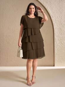Chikora Vestido de Festa de Encontro da Moda com Decote Redondo e Cor Sólida para Mulheres Plus Size - Castanho - Visão 6