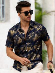 Manfinity RSRT Men's Summer Beach Vacation Tropical Print Short Sleeve Shirt - Navy Blue - View 7
