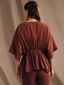 Anewsta Spring New V-Neck Batwing Sleeve Cinched Waist Loose Women Shirt - Burgundy - View 2