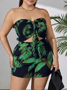 SHEIN Essnce 大尺碼女款夏季海灘度假熱帶印花前綁帶短款抹胸上衣與短褲兩件套 - 綠色 - 查看 3