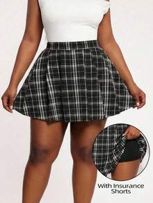 SHEIN SXY 大码格子印花高腰百褶休闲裙 - 黑色 - 查看 1