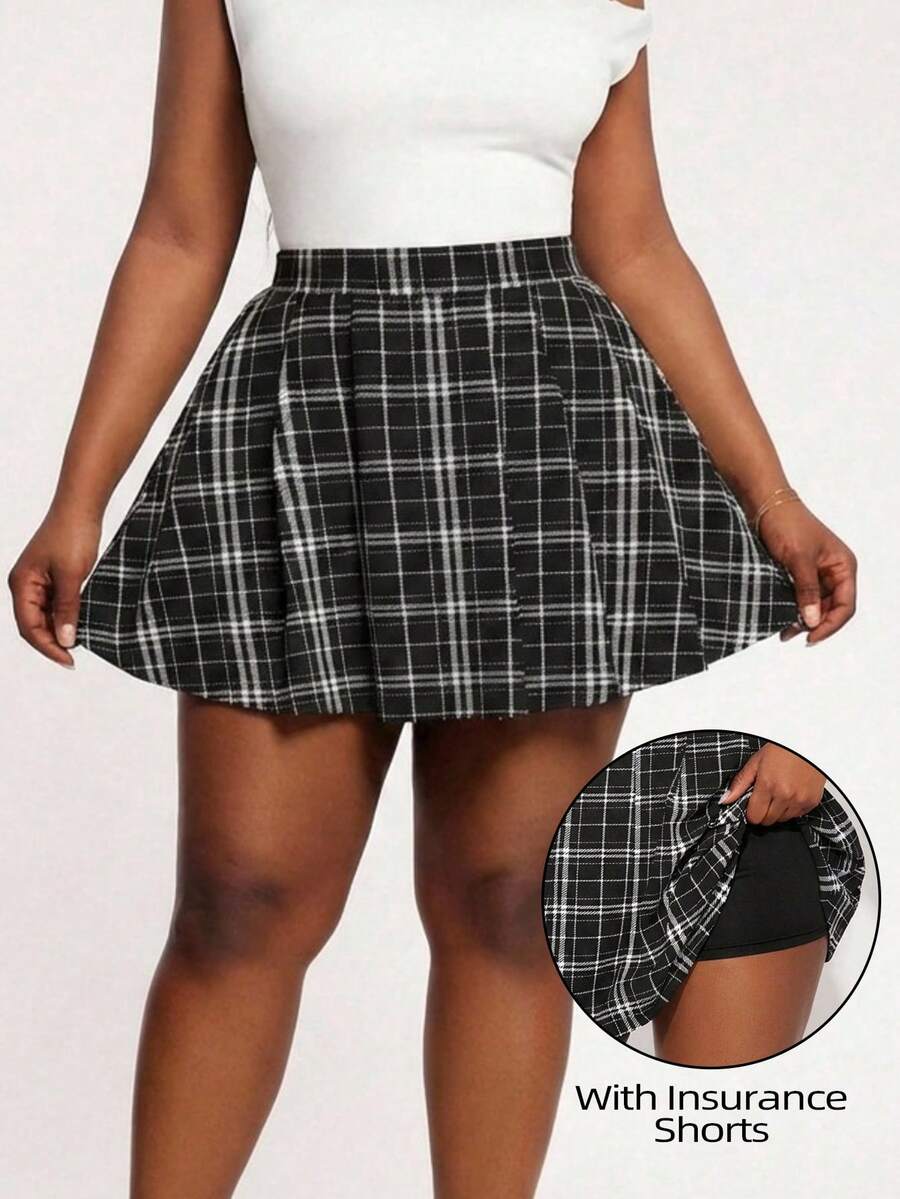 SHEIN SXY 大码格子印花高腰百褶休闲裙 - 黑色 - 查看 1