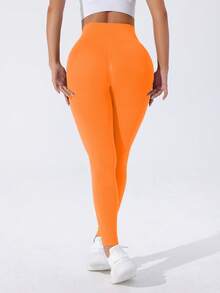 Easithlete 女士高腰Y型缝线紧身裤 - 柔软不透光，收腹提臀，通过深蹲测试，适合跑步、骑行、瑜伽、匹克球等运动休闲穿着 - 橘色 - 查看 3