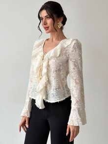 Firerie Blouse évasée à manches évasées avec col Mao, garniture à volants et texture jacquard pour femmes, style vintage élégant, couleur abricot - Nude - Voir 5